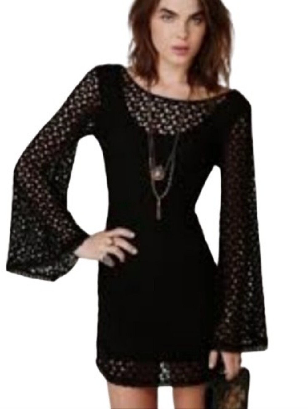 Free People Black Gypsy Crochet Bell Sleeve Mini Dress Boho Size M Semi Sheer
